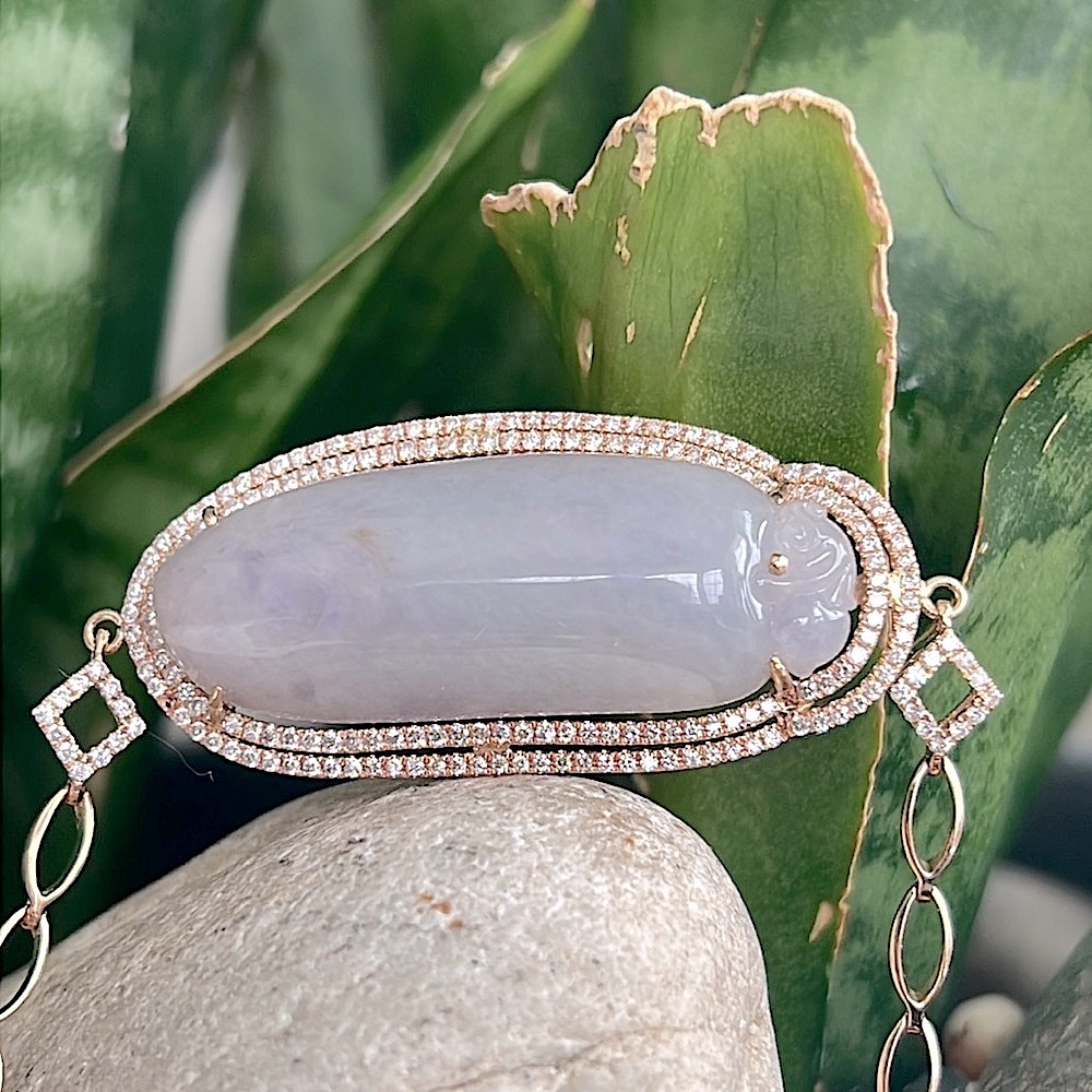 18. Karat rose, gold, diamond, and jade bracelet. - Picture 3 of 13